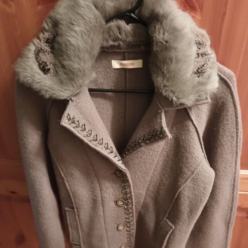 Panacea Wool Pea Coat With Rabbit Fur Neck Collar and Decorative Beading